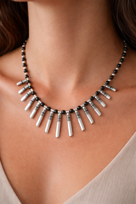 Collier Touareg Argent Massif et Onyx "Dent de Chameau"