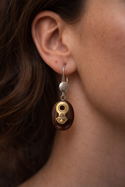 Boucles d'oreilles Argent Massif Laiton et Agathe brune "Oeil du désert" - Artisanat Touareg