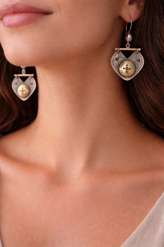 Boucles d'oreilles Argent Massif et Laiton "Coeur Nomade" - Artisanat Touareg